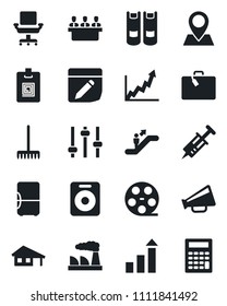 Set of vector isolated black icon - suitcase vector, escalator, growth statistic, book, factory, rake, syringe, pin, reel, loudspeaker, speaker, tuning, notes, identity card, office chair, meeting