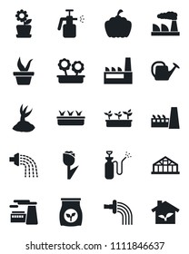 Set of vector isolated black icon - factory vector, seedling, watering can, sproute, pumpkin, greenhouse, garden sprayer, fertilizer, tulip, flower in pot, eco house