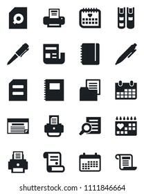 Set of vector isolated black icon - document search vector, pen, notepad, calendar, printer, contract, medical, folder, copybook, news, book, schedule