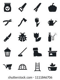 Set of vector isolated black icon - ladder vector, watering can, wheelbarrow, pruner, boot, saw, lady bug, hoe, garden knife, axe, pumpkin, light, fireplace, greenhouse, sprayer, fertilizer, tulip