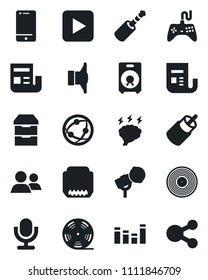 Set of vector isolated black icon - brainstorm vector, reel, vinyl, microphone, news, speaker, gamepad, equalizer, network, cell phone, group, play button, rca, hdmi, jack connector, archive chest