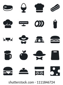 Set of vector isolated black icon - cook hat vector, reserved, reception, beer, plates, bacon, egg stand, cafe building, candle, table, dress code, alcove, steak, hamburger, cutting board, cheese