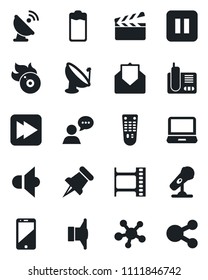 Set of vector isolated black icon - satellite antenna vector, clapboard, film frame, flame disk, microphone, speaker, remote control, cell phone, laptop pc, radio, share, paper pin, battery, mail
