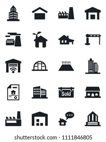 Set of vector isolated black icon - barrier vector, factory, greenhouse, warehouse storage, office building, house with garage, estate document, sold signboard, cafe, eco, warm floor, gate control