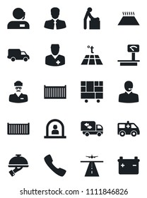 Set of vector isolated black icon - runway vector, baby room, reception, ambulance car, doctor, client, cargo container, delivery, consolidated, heavy scales, call, support, moving, waiter, battery