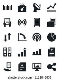 Set of vector isolated black icon - bomb in case vector, growth statistic, office binder, crisis graph, document, diagnosis, barcode, satellite antenna, data exchange, monitor statistics, bar, pie