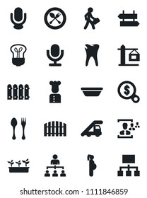 Set of vector isolated black icon - spoon and fork vector, signpost, ladder car, hierarchy, seedling, caries, pregnancy, microphone, hr, manager, fence, crane, cook, bowl, bulb, money search