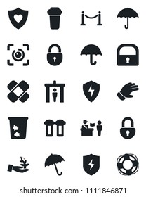 Set of vector isolated black icon - fence vector, passport control, security gate, umbrella, trash bin, lock, glove, patch, heart shield, protect, eye id, water filter, palm sproute
