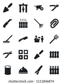 Set of vector isolated black icon - passport control vector, security gate, trowel, farm fork, rake, wheelbarrow, pruner, saw, garden knife, oil barrel, application, paper clip, heater, dish