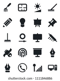 Set of vector isolated black icon - presentation board vector, bulb, pencil, garden fork, rake, satellite, brightness, fingerprint id, cellular signal, drawing pin, ink pen, plan, phone, rolling, pc
