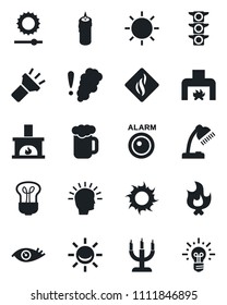 Set of vector isolated black icon - fire vector, sun, eye, traffic light, torch, brightness, desk lamp, fireplace, beer, candle, smoke detector, bulb, alarm led, shining head, idea