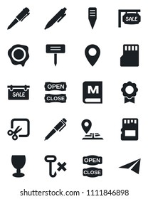 Set of vector isolated black icon - pen vector, stamp, plant label, navigation, pin, fragile, no hook, sd, cut, sertificate, sale, menu, open close, paper plane