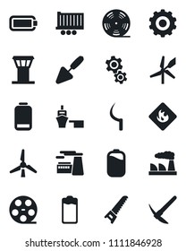 Set of vector isolated black icon - airport tower vector, gear, factory, trowel, saw, sickle, truck trailer, sea port, flammable, reel, battery, low, windmill, hard work