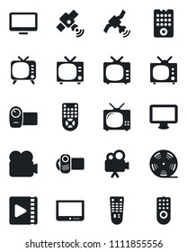Set of vector isolated black icon - tv vector, reel, satellite, video camera, remote control, monitor
