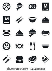 Set of vector isolated black icon - spoon and fork vector, dish, cafe, menu, plates, waiter, steak, kebab, hamburger, bowl, sushi