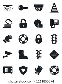 Set of vector isolated black icon - smoking place vector, border cone, safe, lock, glove, boot, hose, heart shield, traffic light, key, intercome, home protect, surveillance, sprinkler