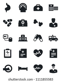 Set of vector isolated black icon - bed vector, heart pulse, doctor case, diagnosis, blood pressure, pills, tomography, ambulance car, stomach, broken bone, clipboard, hospital
