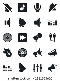 Set of vector isolated black icon - vinyl vector, flame disk, microphone, speaker, loudspeaker, settings, equalizer, fast forward, rca, bell, mute, music, sound, advertising