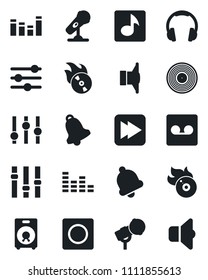 Set of vector isolated black icon - vinyl vector, flame disk, microphone, speaker, settings, equalizer, headphones, fast forward, tuning, bell, record, music, sound