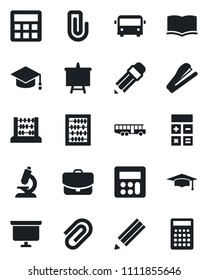 Set of vector isolated black icon - airport bus vector, book, calculator, graduate, abacus, presentation board, microscope, paper clip, pencil, stapler, case