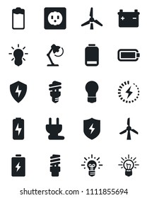 Set of vector isolated black icon - bulb vector, battery, low, protect, charge, desk lamp, windmill, socket, power plug, energy saving, idea