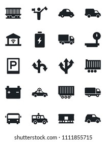 Set of vector isolated black icon - dispatcher vector, airport bus, parking, alarm car, ambulance, route, railroad, truck trailer, delivery, heavy scales, garage gate control, battery
