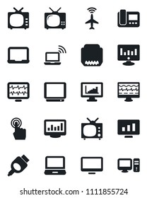 Set of vector isolated black icon - plane radar vector, wireless notebook, pc, statistic monitor, pulse, tv, touch screen, laptop, hdmi, statistics, intercome