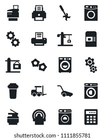 Set of vector isolated black icon - coffee machine vector, washer, fork loader, gear, lawn mower, ripper, tomography, printer, copier, crane, water filter, combination lock