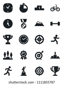Set of vector isolated black icon - pedestal vector, medal, barbell, bike, run, clock, stopwatch, target, mountains, award cup
