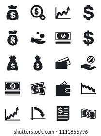 Set of vector isolated black icon - dollar sign vector, money bag, crisis graph, cash, receipt, credit card, wallet, growth, search, investment