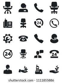 Set of vector isolated black icon - 24 around vector, office chair, hours, support, speaker, radio phone, call, root setup, palm sproute