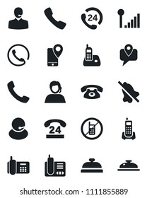 Set of vector isolated black icon - no mobile vector, office phone, 24 hours, support, tracking, radio, call, mute, cellular signal, reception