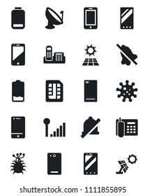 Set of vector isolated black icon - mobile phone vector, virus, satellite antenna, cell, low battery, back, sim, mute, cellular signal, office, sun panel