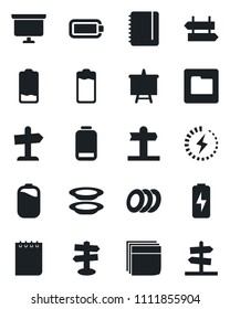 Set of vector isolated black icon - signpost vector, notepad, presentation board, battery, low, folder, charge, blank box, plates, guidepost