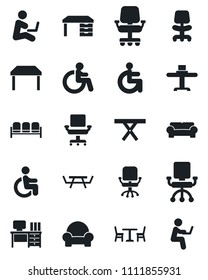 Set of vector isolated black icon - cafe vector, waiting area, disabled, office chair, desk, picnic table, cushioned furniture, restaurant, man with notebook