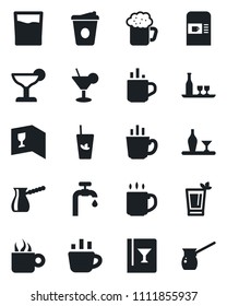 Set of vector isolated black icon - hot cup vector, coffee machine, water supply, alcohol, wine card, drink, cocktail, phyto bar, beer, turkish