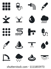Set of vector isolated black icon - crisis graph vector, watering, water drop, rain, drip irrigation, dropper, menu, sprinkler