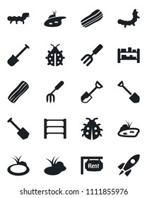 Set of vector isolated black icon - job vector, garden fork, shovel, lady bug, caterpillar, pond, rack, rent, bacon, rocket