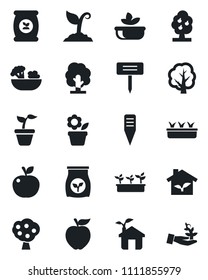 Set of vector isolated black icon - flower in pot vector, seedling, tree, sproute, plant label, fertilizer, fruit, salad, apple, eco house, palm