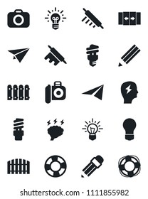 Set of vector isolated black icon - automatic door vector, brainstorm, bulb, camera, pencil, fence, rolling pin, energy saving, idea, paper plane, crisis management