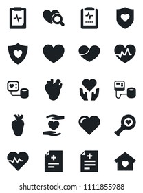 Set of vector isolated black icon - heart vector, pulse, diagnosis, blood pressure, diagnostic, shield, hand, real, clipboard, sweet home