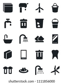 Set of vector isolated black icon - trash bin vector, shower, bucket, tooth, mobile, blank box, water supply, bathroom, serviette, filter, windmill