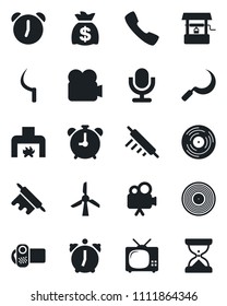 Set of vector isolated black icon - alarm clock vector, money bag, well, sickle, vinyl, video camera, microphone, call, fireplace, tv, rolling pin, windmill, sand