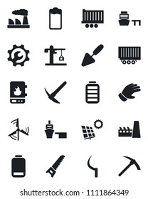 Set of vector isolated black icon - factory vector, trowel, glove, saw, sickle, truck trailer, sea port, battery, low, root setup, sun panel, windmill, crane, water heater, hard work