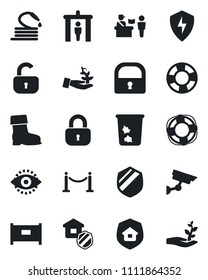 Set of vector isolated black icon - fence vector, passport control, security gate, trash bin, boot, hose, shield, protect, lock, eye id, estate insurance, surveillance, palm sproute