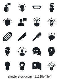Set of vector isolated black icon - speaking man vector, pen, brainstorm, bulb, dialog, wine card, hot dog, energy saving, shining head, idea
