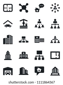 Set of vector isolated black icon - hierarchy vector, well, hospital, molecule, office building, garage, plan, home message