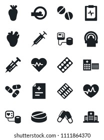 Set of vector isolated black icon - heart pulse vector, diagnosis, syringe, blood pressure, pills, blister, tomography, real, clipboard, hospital