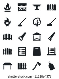 Set of vector isolated black icon - fence vector, tree, saw, fire, hoe, axe, abacus, table, alcove, cutting board