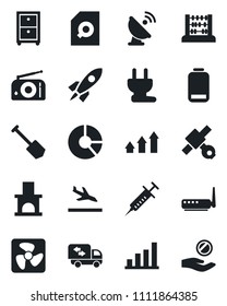 Set of vector isolated black icon - arrival vector, abacus, job, circle chart, fireplace, syringe, satellite, antenna, radio, low battery, bar graph, document search, archive box, moving, power plug